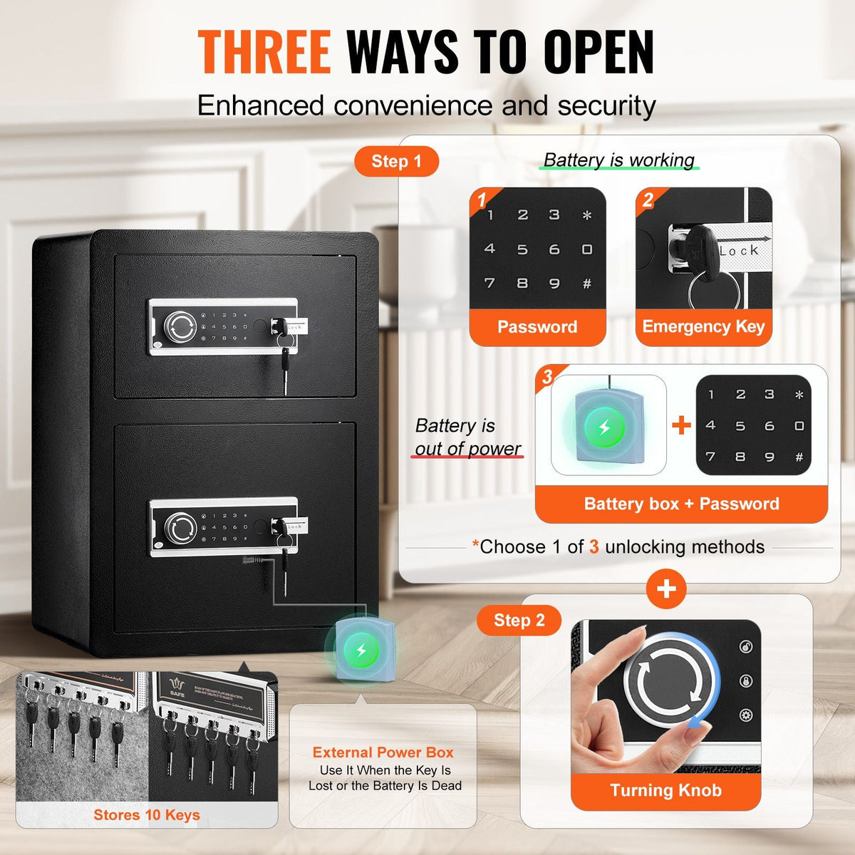 Double Doors 3.5 cu.ft Safe Box with Key Lock & Password, Safe Lock Box with Fireproof Bag, Key Rack, LED Light and 2 Height Adjustable and Removable Divider
