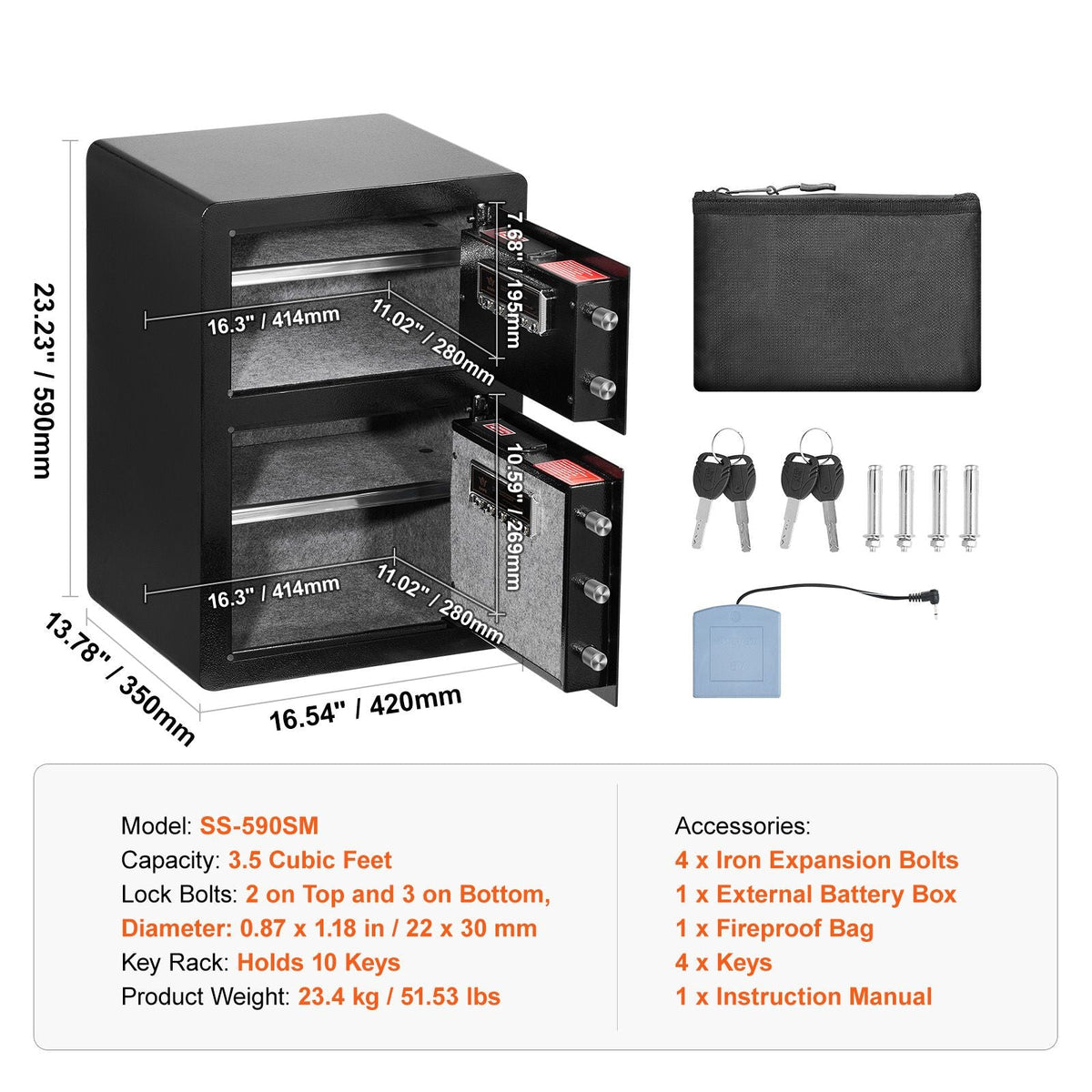 Double Doors 3.5 cu.ft Safe Box with Key Lock & Password, Safe Lock Box with Fireproof Bag, Key Rack, LED Light and 2 Height Adjustable and Removable Divider