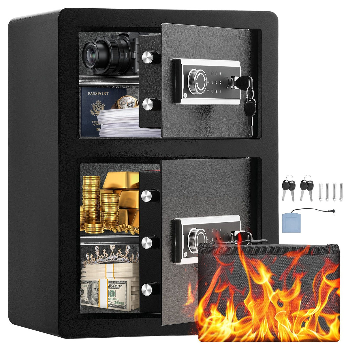 Double Doors 3.5 cu.ft Safe Box with Key Lock & Password, Safe Lock Box with Fireproof Bag, Key Rack, LED Light and 2 Height Adjustable and Removable Divider