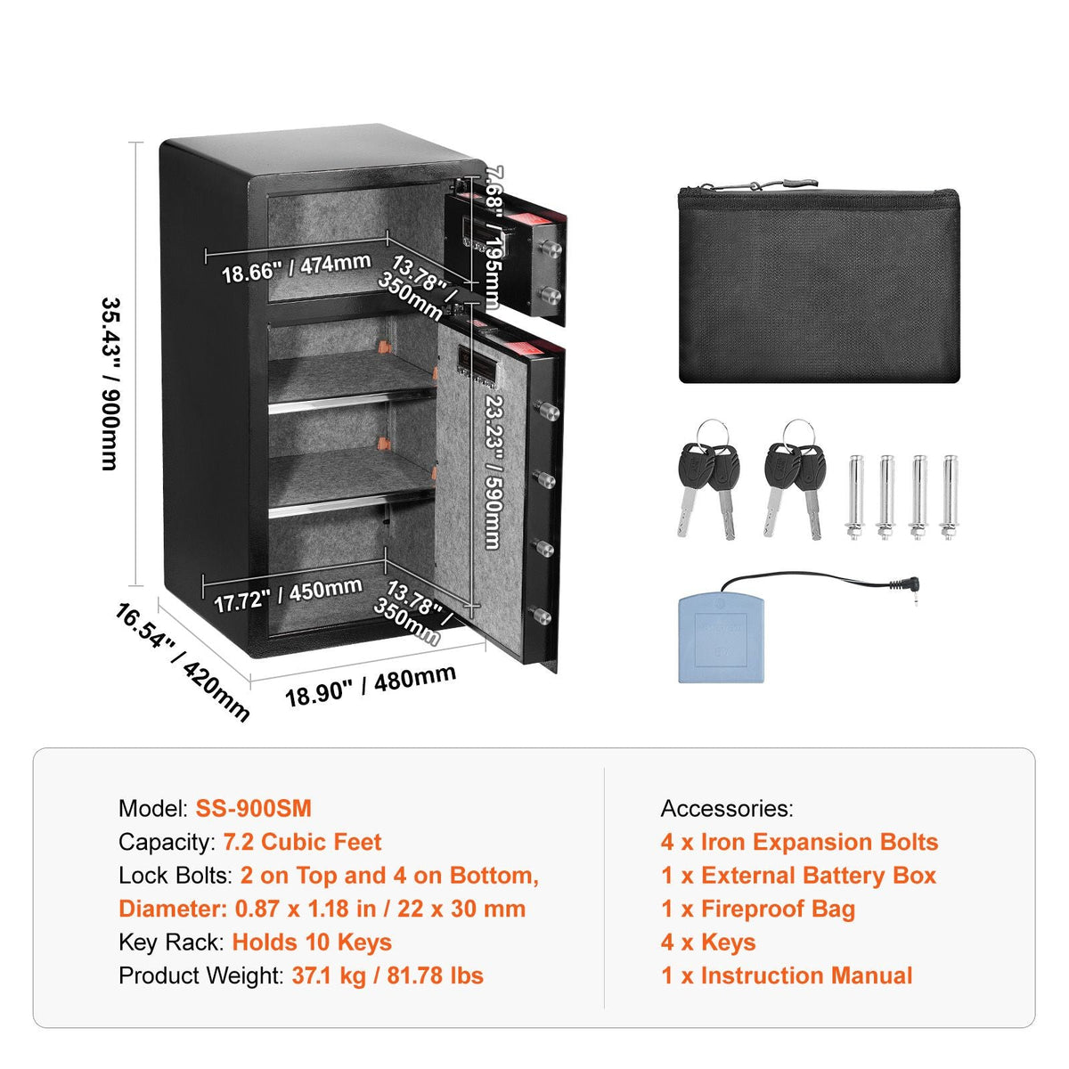 Double Doors 7.2 cu.ft Safe Box with Key Lock & Password, Safe Lock Box with Fireproof Bag, Key Rack, LED Light and 2 Height Adjustable and Removable Divider