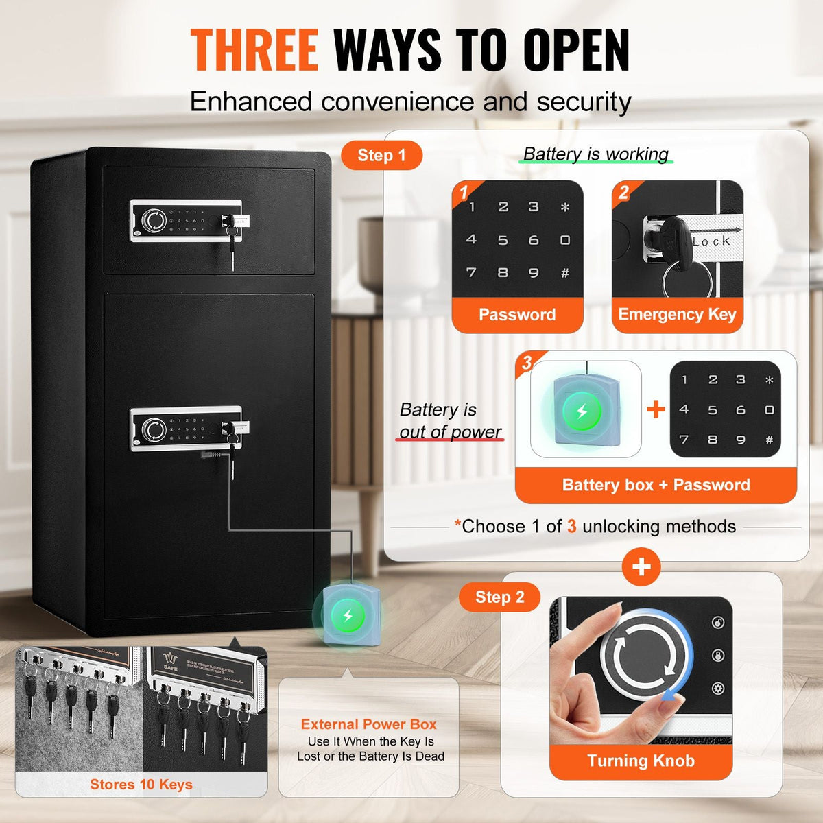 Double Doors 7.2 cu.ft Safe Box with Key Lock & Password, Safe Lock Box with Fireproof Bag, Key Rack, LED Light and 2 Height Adjustable and Removable Divider
