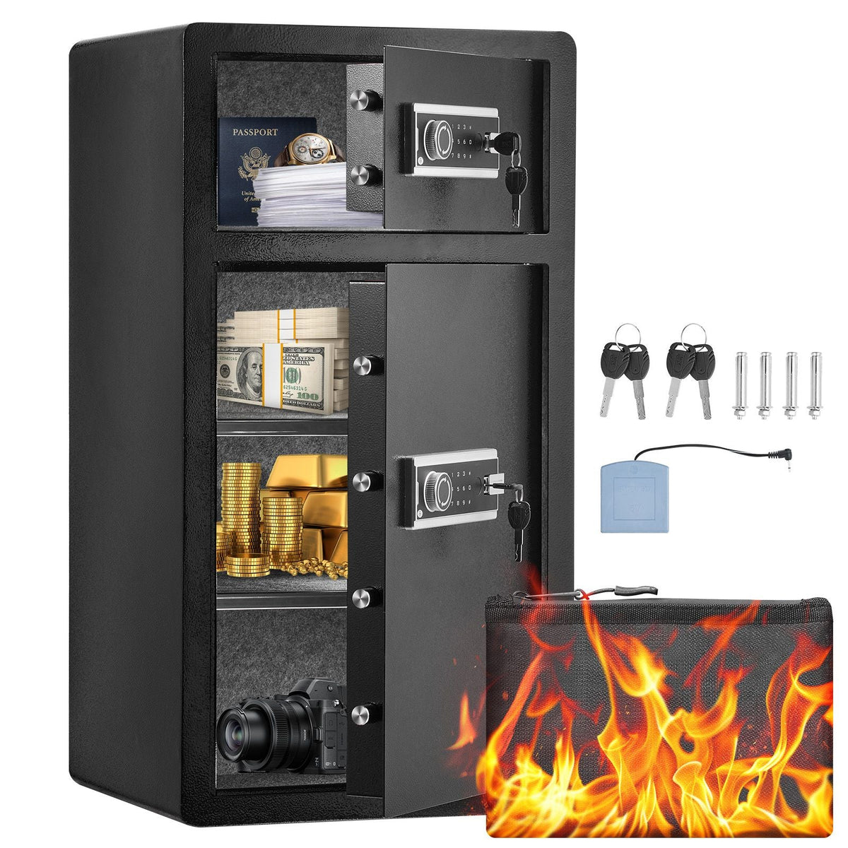 Double Doors 7.2 cu.ft Safe Box with Key Lock & Password, Safe Lock Box with Fireproof Bag, Key Rack, LED Light and 2 Height Adjustable and Removable Divider