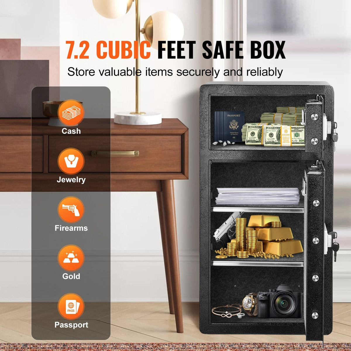 Double Doors 7.2 cu.ft Safe Box with Key Lock & Password, Safe Lock Box with Fireproof Bag, Key Rack, LED Light and 2 Height Adjustable and Removable Divider