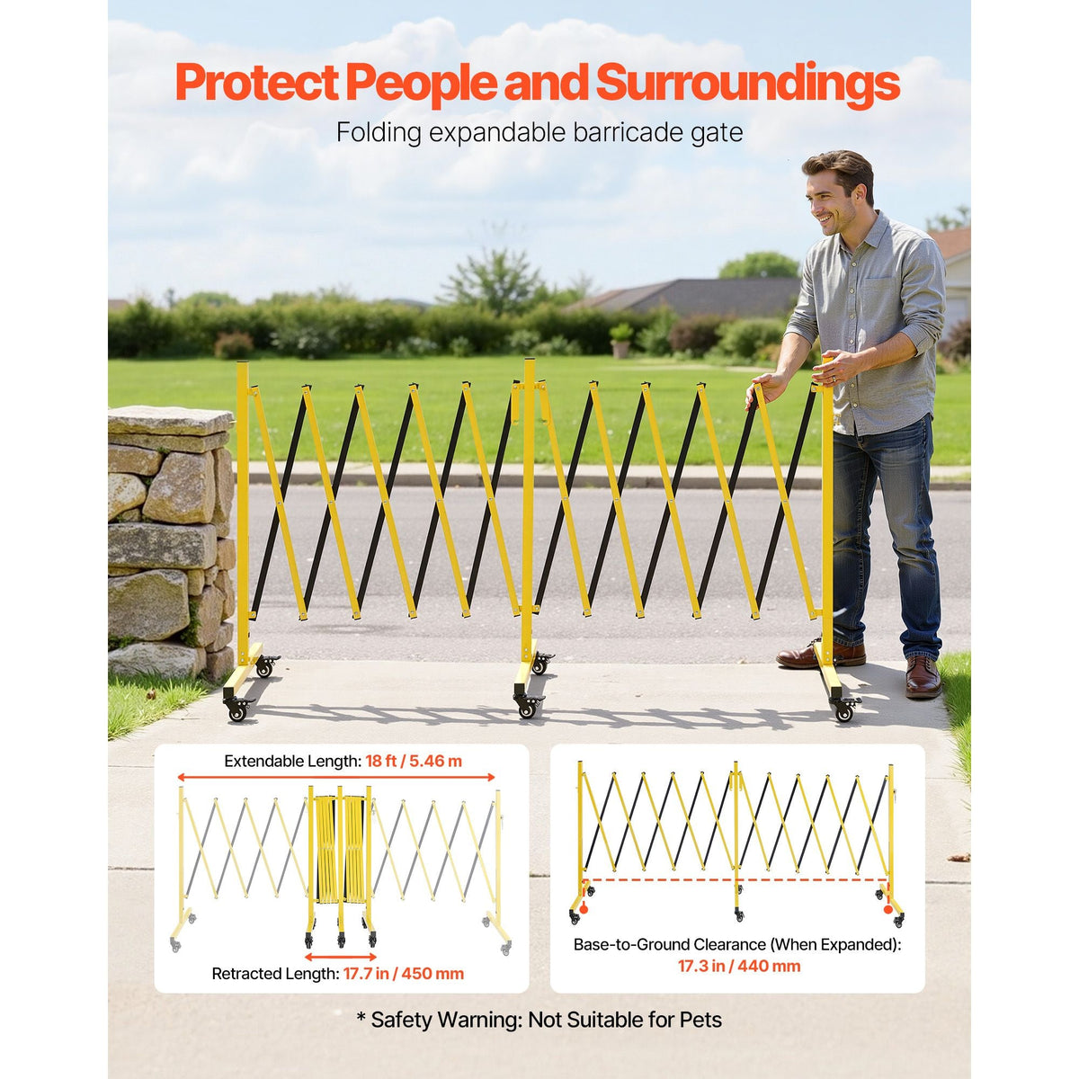 Double Expandable Barricades, 18FT Industrial Safety Barriers, Flexible Mobile Barricade with Locking Casters, Portable Folding Security Gate Metal Traffic Fence for Driveway Warehouse Elevator