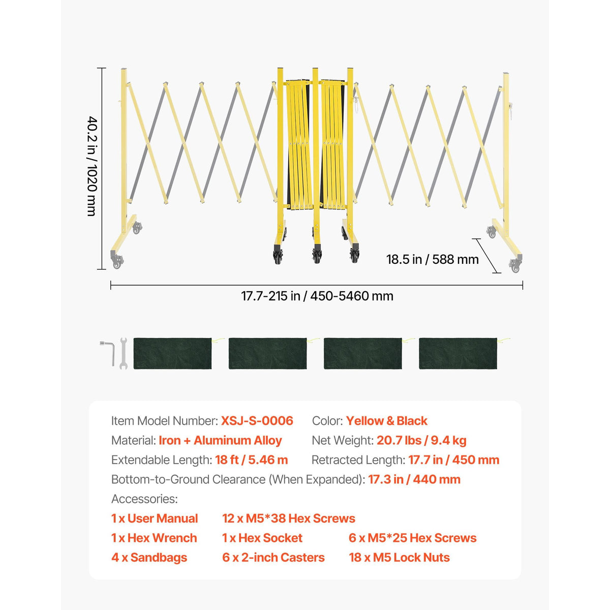Double Expandable Barricades, 18FT Industrial Safety Barriers, Flexible Mobile Barricade with Locking Casters, Portable Folding Security Gate Metal Traffic Fence for Driveway Warehouse Elevator