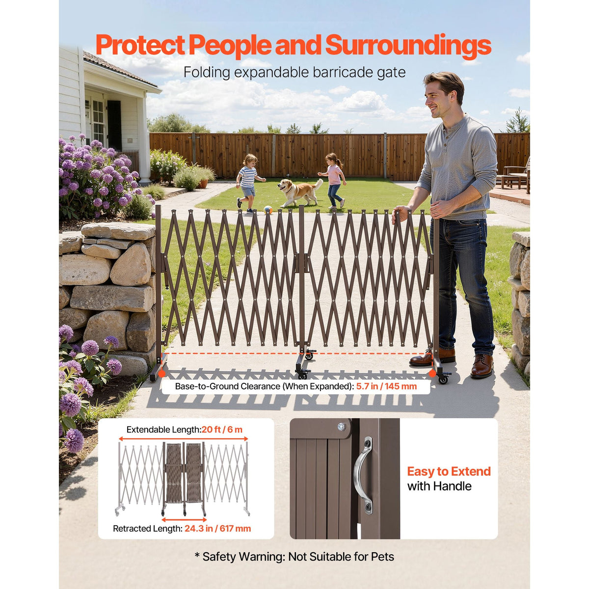 Double Expandable Barricades, 20FT Expandable Safety Barrier, Flexible Mobile Barricade with Locking Casters, Portable Folding Security Gate Metal Traffic Fence for Patio Garden Stairway