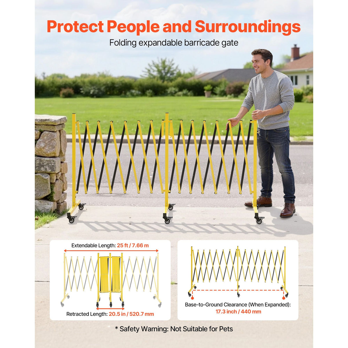 Double Expandable Barricades, 25FT Industrial Safety Barriers, Flexible Mobile Barricade with Locking Casters, Portable Folding Security Gate Metal Traffic Fence for Driveway Warehouse Elevator