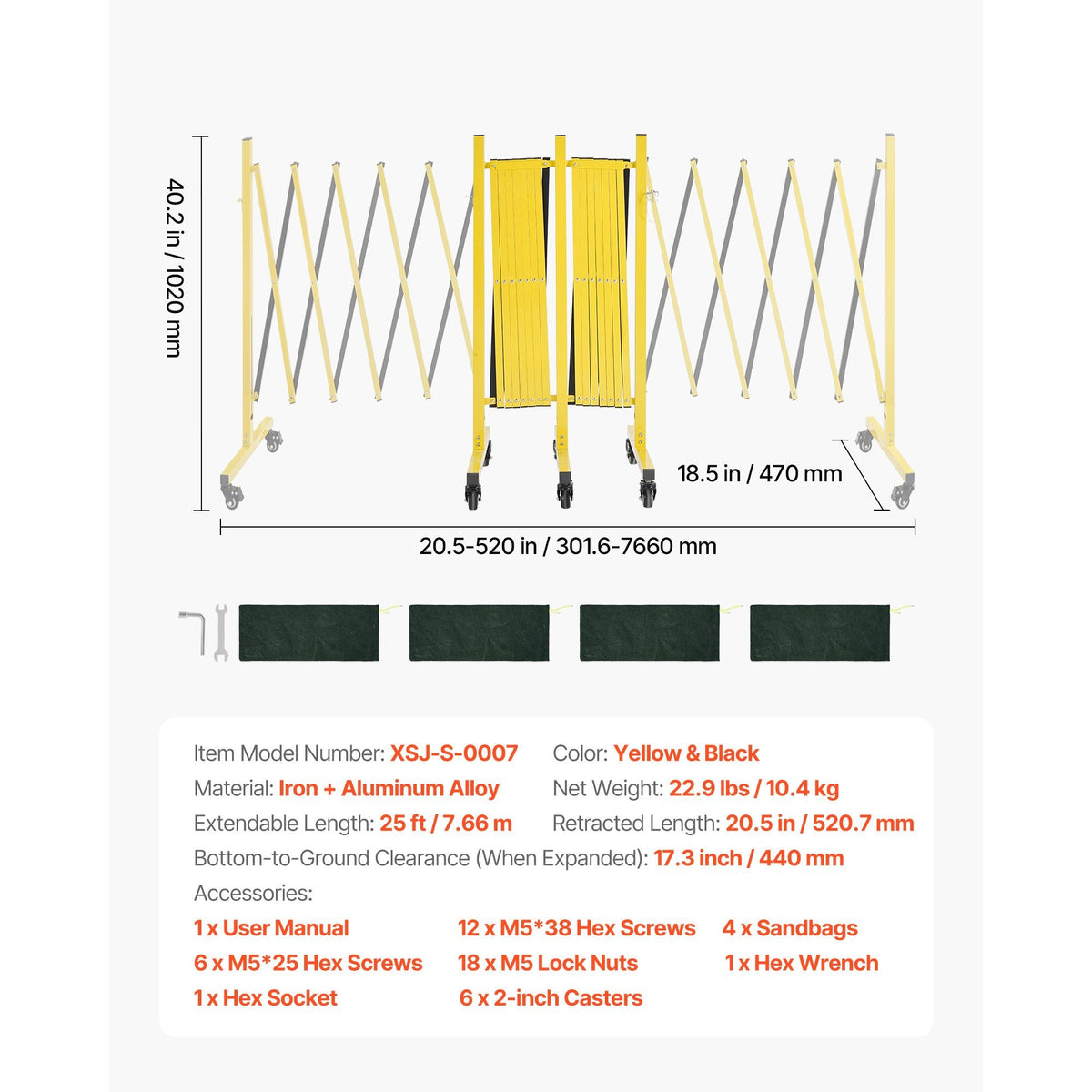 Double Expandable Barricades, 25FT Industrial Safety Barriers, Flexible Mobile Barricade with Locking Casters, Portable Folding Security Gate Metal Traffic Fence for Driveway Warehouse Elevator