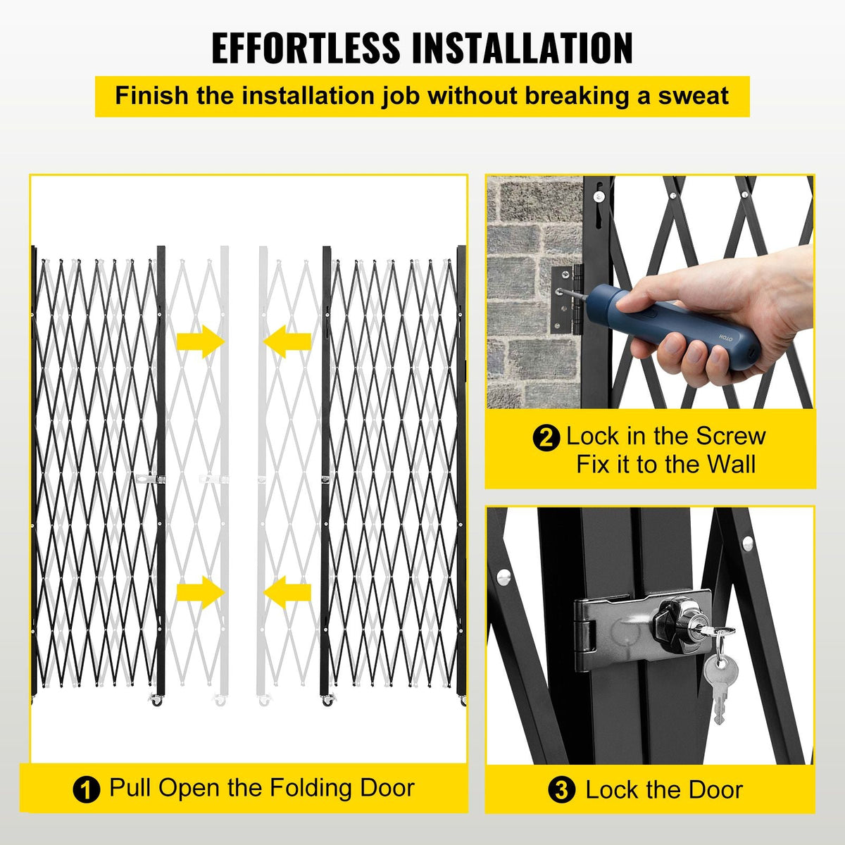 Double Folding Security Gate, 5\' H x 10\' W Folding Door Gate, Steel Accordion Security Gate, Flexible Expanding Security Gate, 360° Rolling Barricade Gate, Scissor Gate or Door with Keys