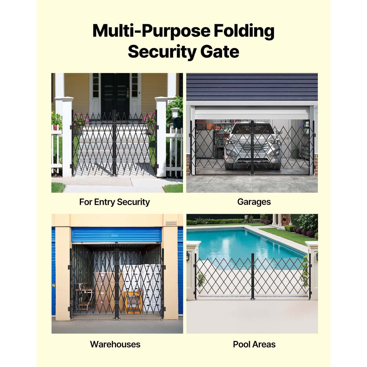 Double Folding Security Gate, Lockable Scissor Gate with 360° Swivel Casters, Outdoor Barricade Steel Retractable Gates, for Entry Security, Garage, Warehouse & Pool, 145.67 x 63.19 in (W x H)
