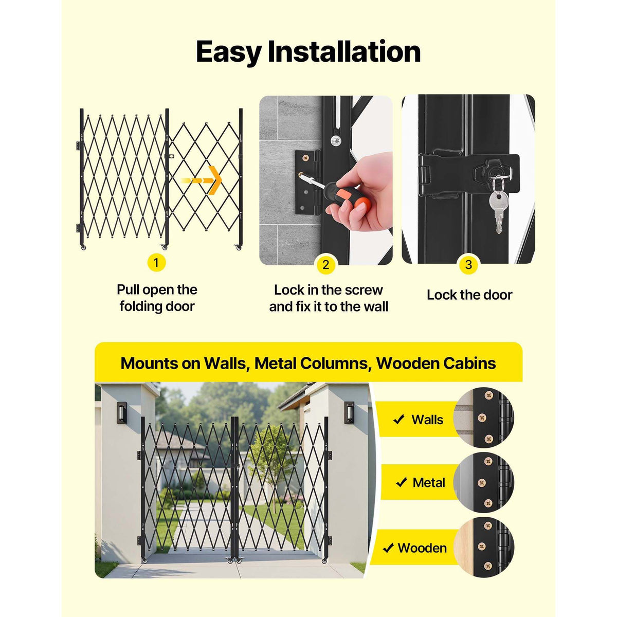 Double Folding Security Gate, Lockable Scissor Gate with 360° Swivel Casters, Outdoor Barricade Steel Retractable Gates, for Entry Security, Garage, Warehouse & Pool, 145.67 x 63.19 in (W x H)