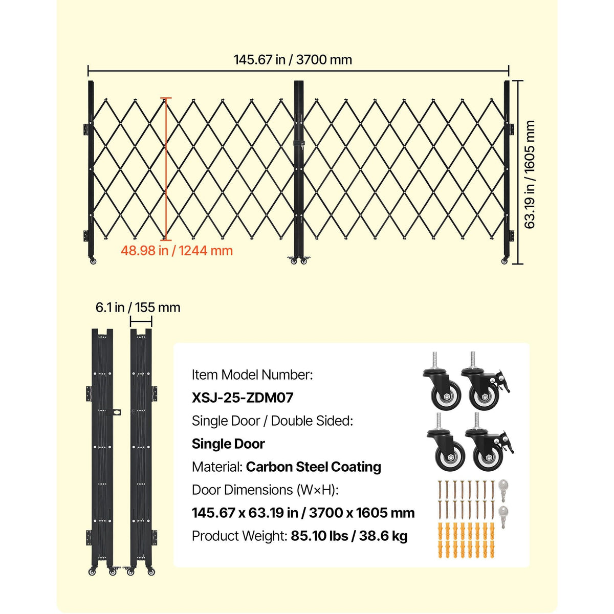 Double Folding Security Gate, Lockable Scissor Gate with 360° Swivel Casters, Outdoor Barricade Steel Retractable Gates, for Entry Security, Garage, Warehouse & Pool, 145.67 x 63.19 in (W x H)