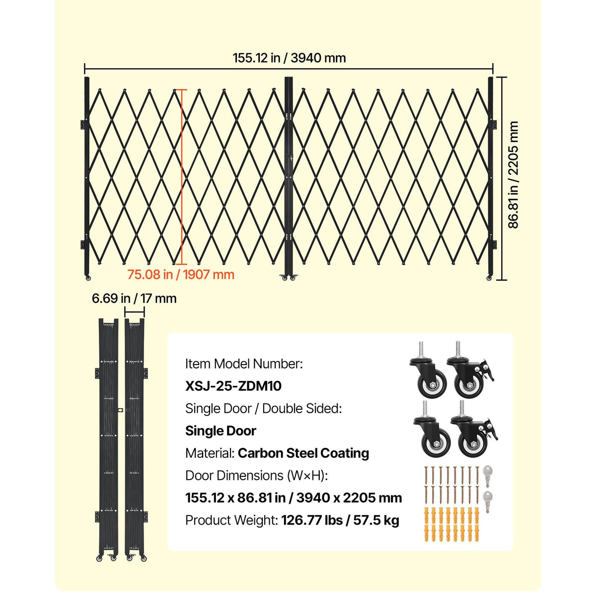Double Folding Security Gate, Lockable Scissor Gate with 360° Swivel Casters, Outdoor Barricade Steel Retractable Gates, for Entry Security, Garage, Warehouse & Pool, 155.12 x 86.81 in (W x H)