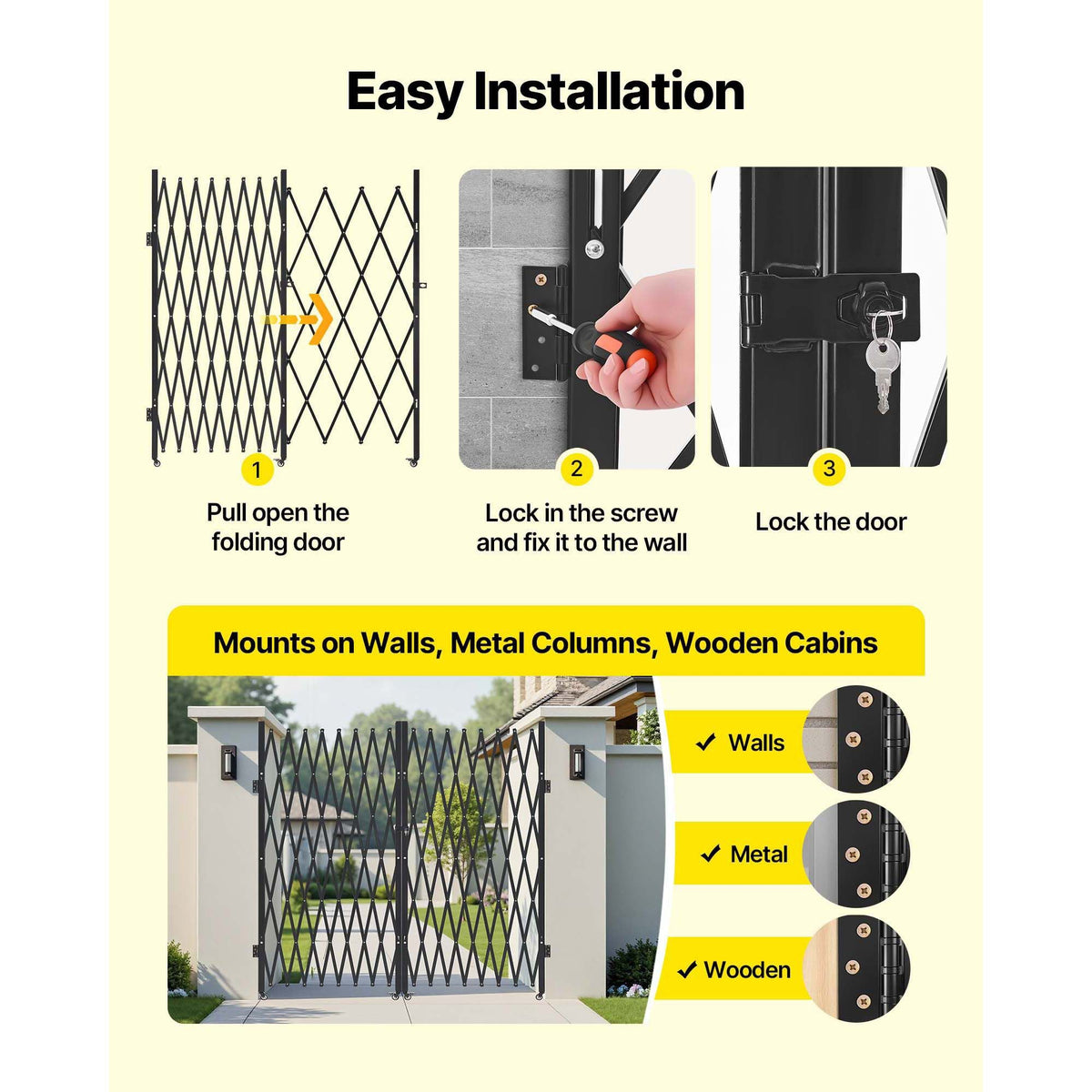 Double Folding Security Gate, Lockable Scissor Gate with 360° Swivel Casters, Outdoor Barricade Steel Retractable Gates, for Entry Security, Garage, Warehouse & Pool, 155.12 x 86.81 in (W x H)