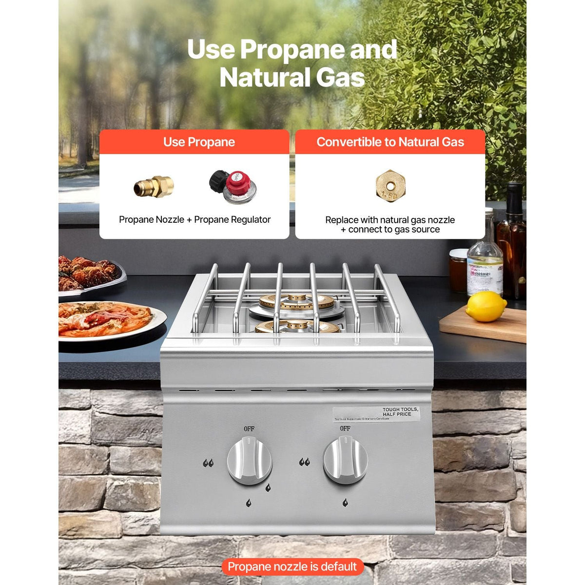 Double Grilling Side Burners, 2 x 15,000BTU Liquid Propane Side Burner for Outdoor Kitchen, Convertible to Natural Gas, 304 Stainless Steel Built-in Double Grill Burners for BBQ Grill Island