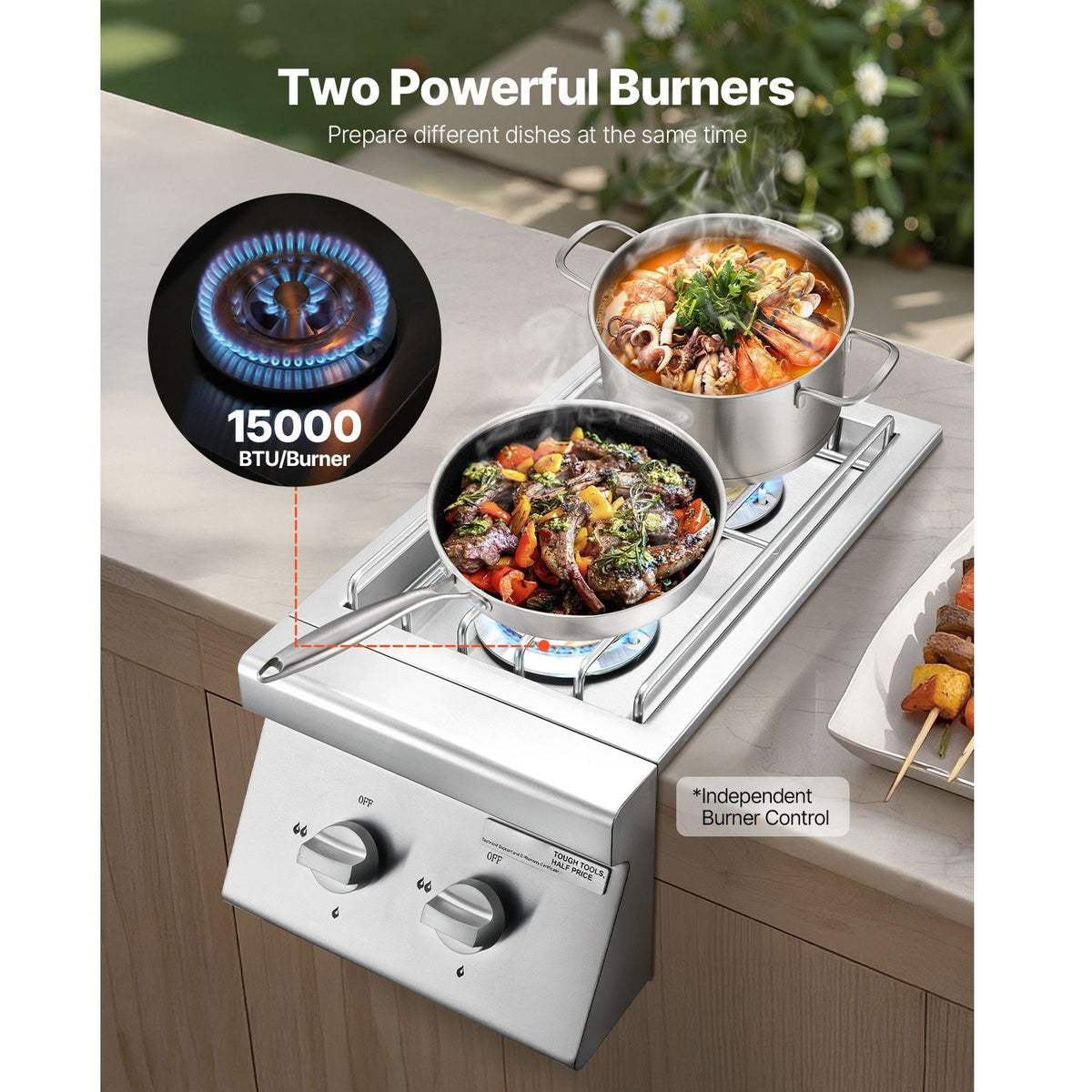 Double Grilling Side Burners, 2 x 15,000BTU Liquid Propane Side Burner for Outdoor Kitchen, Convertible to Natural Gas, 304 Stainless Steel Built-in Double Grill Burners for BBQ Grill Island