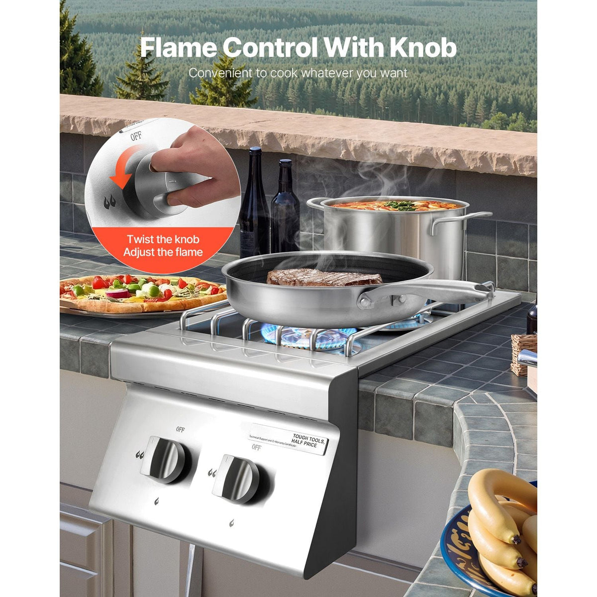 Double Grilling Side Burners, 2 x 15,000BTU Liquid Propane Side Burner for Outdoor Kitchen, Convertible to Natural Gas, 304 Stainless Steel Built-in Double Grill Burners for BBQ Grill Island