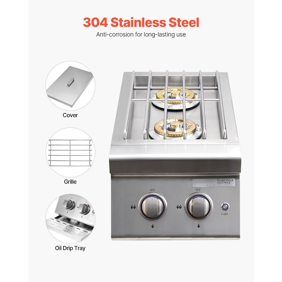 Double Grilling Side Burners, 2 x 17,000BTU Liquid Propane Side Burner for Outdoor Kitchen, Convertible to Natural Gas, 304 Stainless Steel Built-in Double Burners with LED for BBQ Grill Island