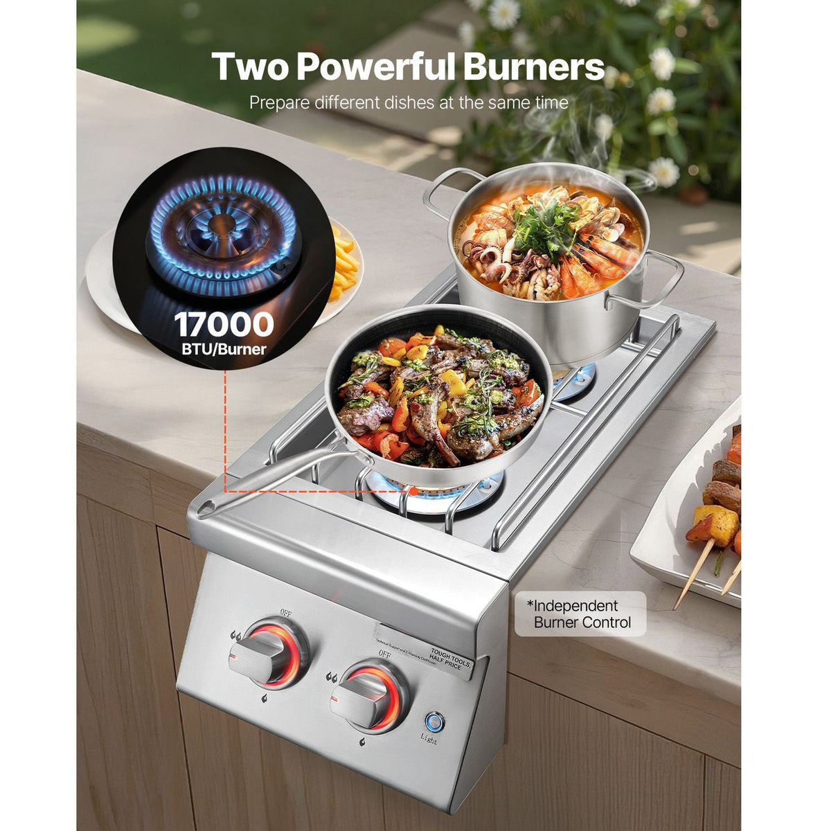 Double Grilling Side Burners, 2 x 17,000BTU Liquid Propane Side Burner for Outdoor Kitchen, Convertible to Natural Gas, 304 Stainless Steel Built-in Double Burners with LED for BBQ Grill Island