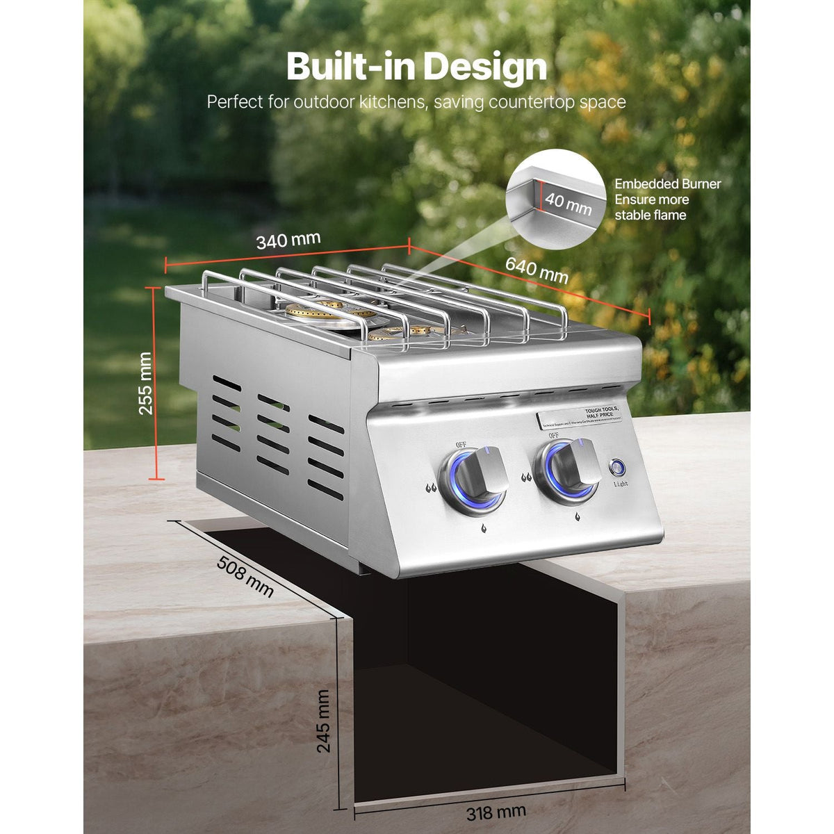 Double Grilling Side Burners, 2 x 17,000BTU Liquid Propane Side Burner for Outdoor Kitchen, Convertible to Natural Gas, 304 Stainless Steel Built-in Double Burners with LED for BBQ Grill Island