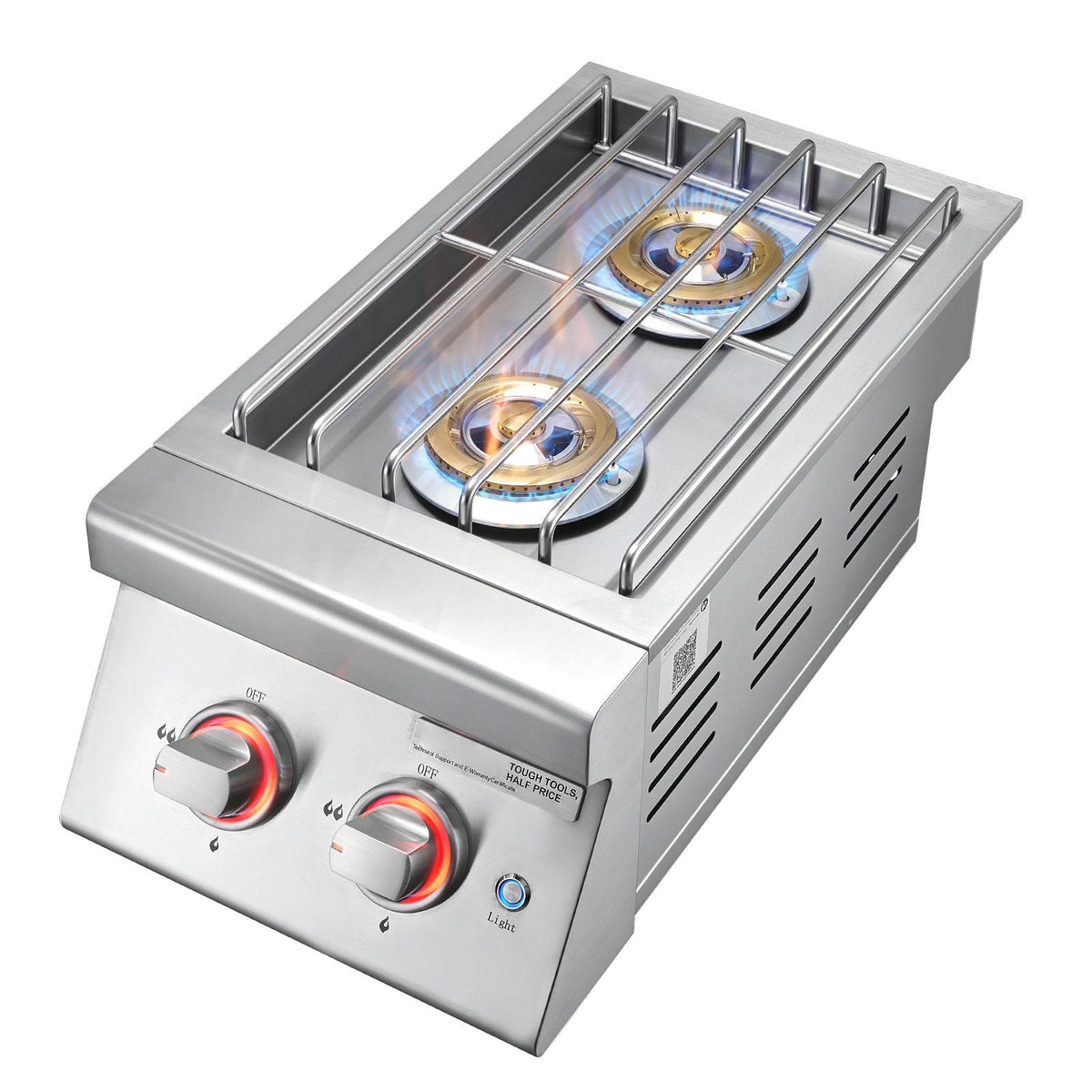 Double Grilling Side Burners, 2 x 17,000BTU Liquid Propane Side Burner for Outdoor Kitchen, Convertible to Natural Gas, 304 Stainless Steel Built-in Double Burners with LED for BBQ Grill Island
