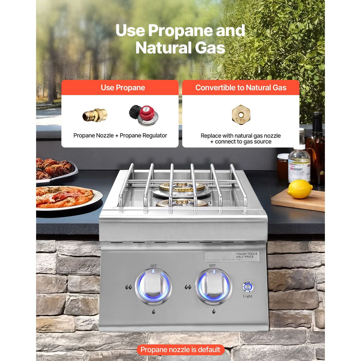 Double Grilling Side Burners, 2 x 17,000BTU Liquid Propane Side Burner for Outdoor Kitchen, Convertible to Natural Gas, 304 Stainless Steel Built-in Double Burners with LED for BBQ Grill Island
