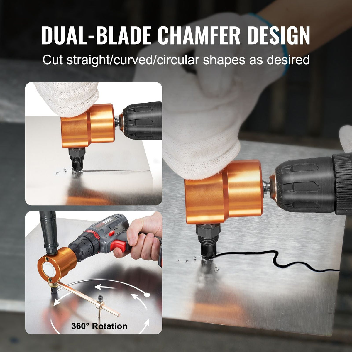 Double Head Sheet Metal Nibbler Cutter, 360 Degree Metal Nibbler Drill Attachment with Extra Punch and Die, Cutting Hole Accessory and Step Drill Bit, for Straight Curve and Circle Cutting