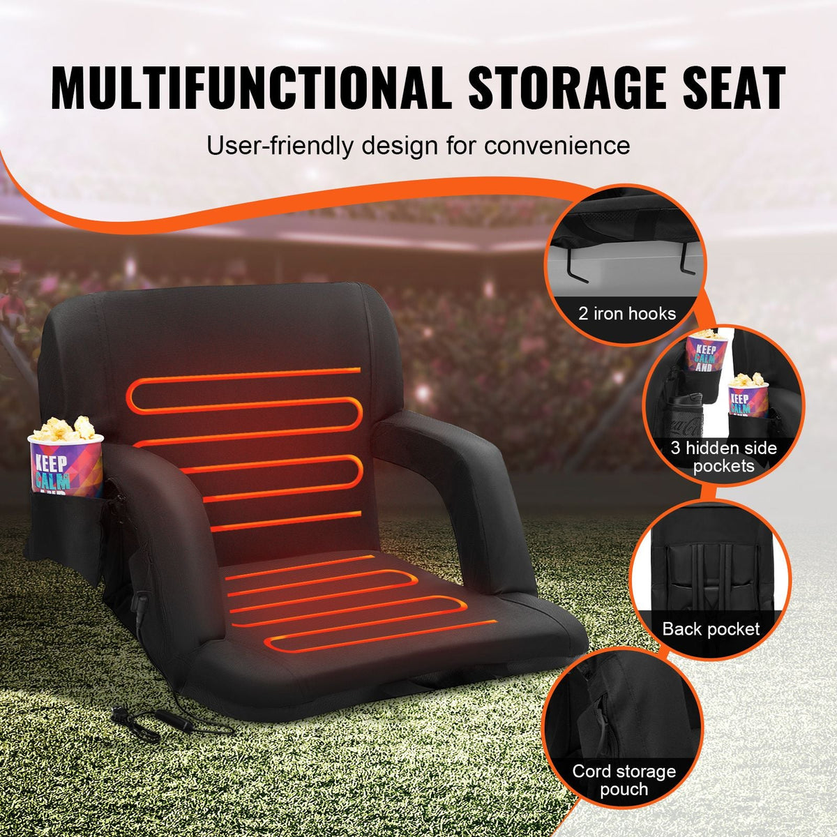 Double Heated Stadium Seat with Back Support, 3 Level Heating Wide Bleacher Seat, Folding Portable Padded Reclining Chair with Hook Pocket Cupholder, Ideal for Sport Event Beach Concert (2 Set)