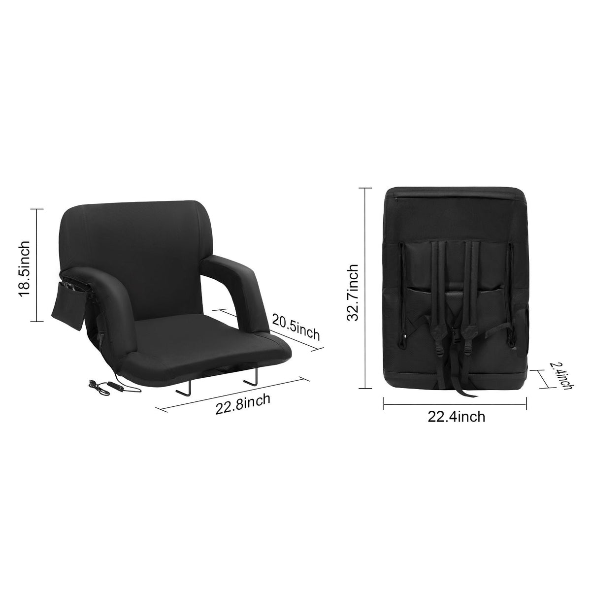 Double Heated Stadium Seat with Back Support, 3 Level Heating Wide Bleacher Seat, Folding Portable Padded Reclining Chair with Hook Pocket Cupholder, Ideal for Sport Event Beach Concert (2 Set)