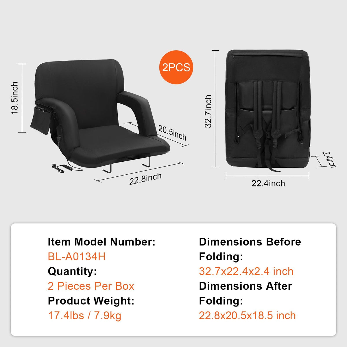 Double Heated Stadium Seat with Back Support, 3 Level Heating Wide Bleacher Seat, Folding Portable Padded Reclining Chair with Hook Pocket Cupholder, Ideal for Sport Event Beach Concert (2 Set)