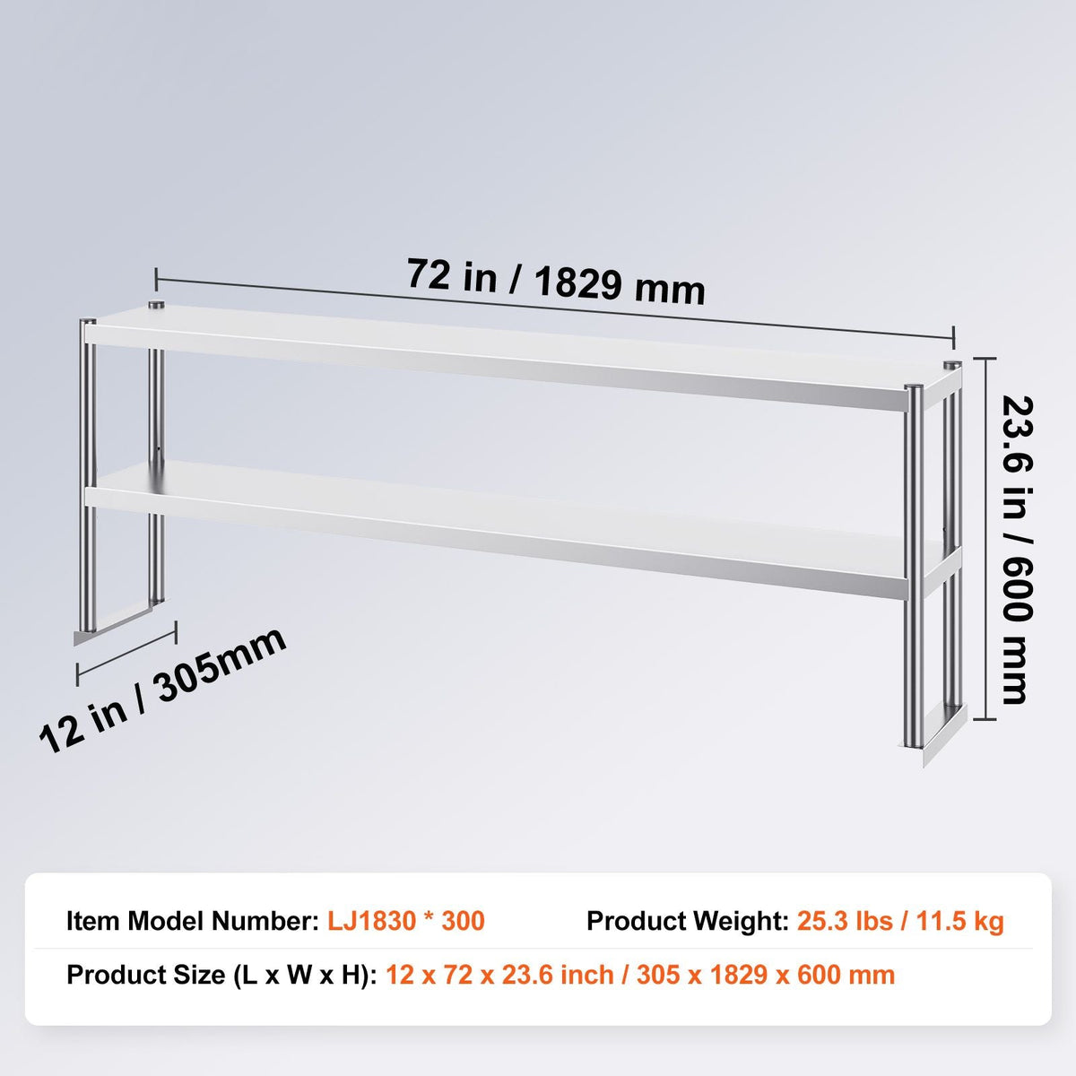 Double Overshelf, Double Tier Stainless Steel Overshelf, 12 x 72 Inch Double Deck Overshelf, Height Adjustable Overshelf Prep Work Table for Kitchen, Restaurant and Workshop