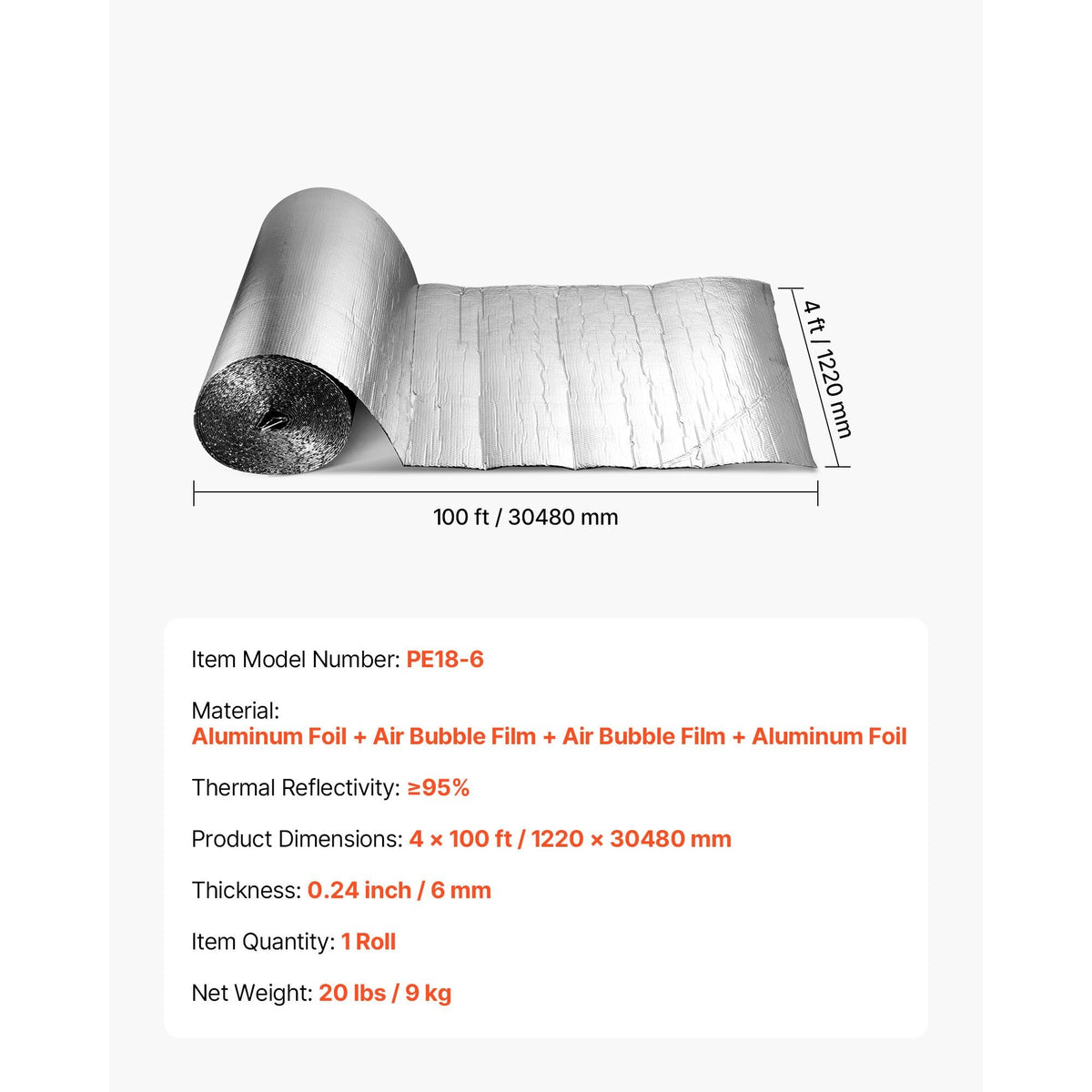 Double Reflective Insulation Roll, Double-Sided Aluminum Foil Radiant Barrier, 6mm 48 in x 100 ft, Dual-Layer Air Bubble Heat Reflective Shield, Thermal Insulation Roll for Garage Window Roofs