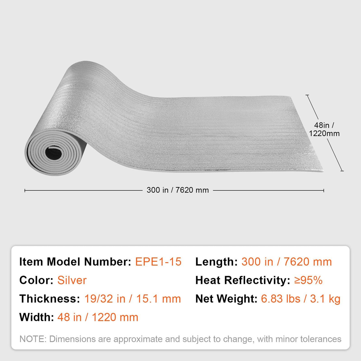 Double Reflective Insulation Roll, Foam Core Radiant Barrier, 15.1mm 48 in x 25 ft, Double-Sided Aluminum Foil EPE Foam Heat Reflective Shield, Thermal Insulation Roll for Window RV Roof