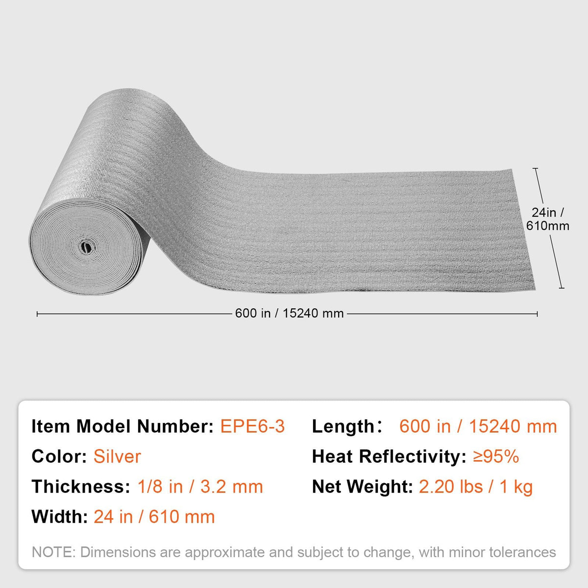 Double Reflective Insulation Roll, Foam Core Radiant Barrier, 3.2 mm 23.8 in x 50 ft, Double-Sided Aluminum Foil EPE Foam Heat Reflective Shield, Thermal Insulation Roll for Window RV Roof