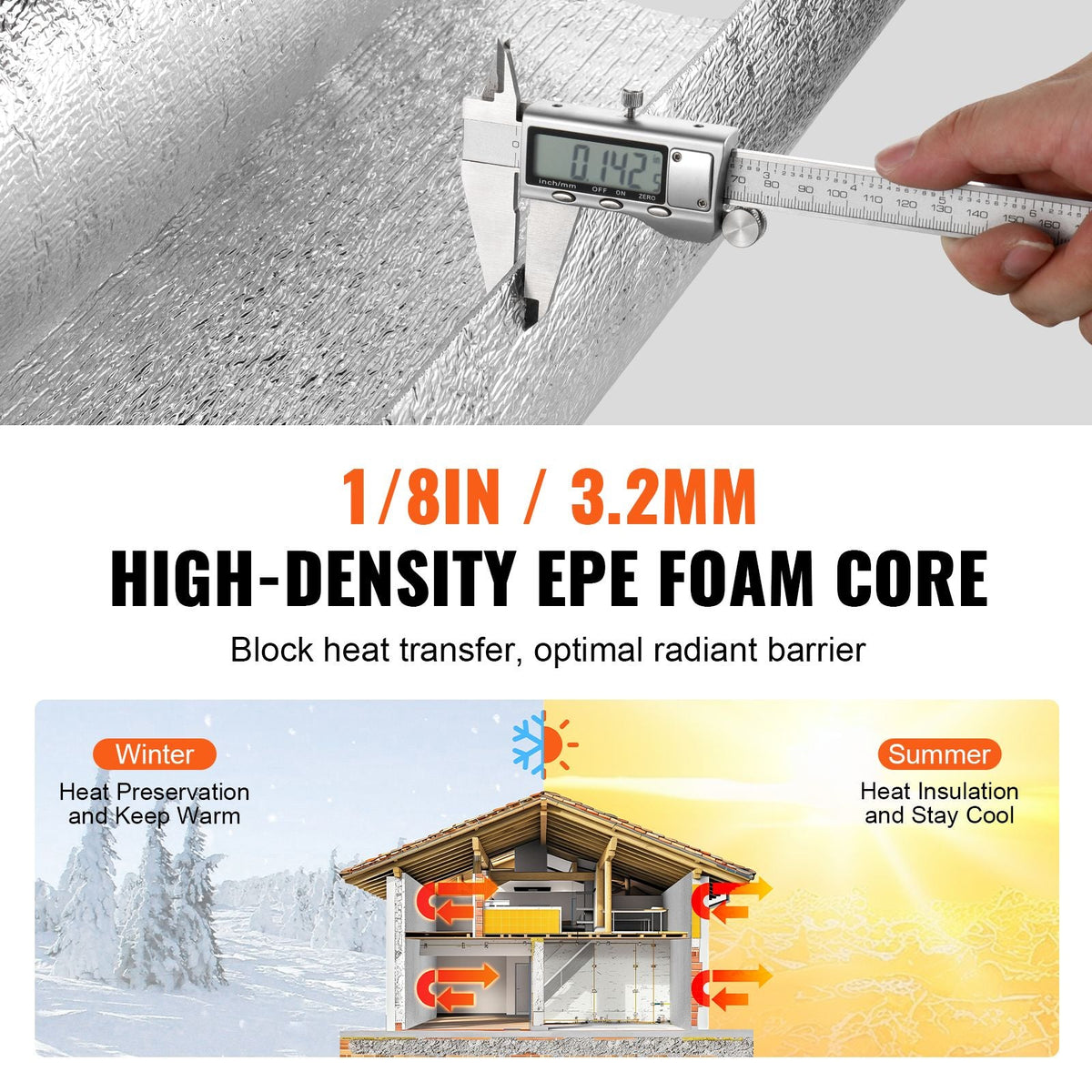 Double Reflective Insulation Roll, Foam Core Radiant Barrier, 3.2 mm 24 in x 25 ft, Double-Sided Aluminum Foil EPE Foam Heat Reflective Shield, Thermal Insulation Roll for Window RV Roof