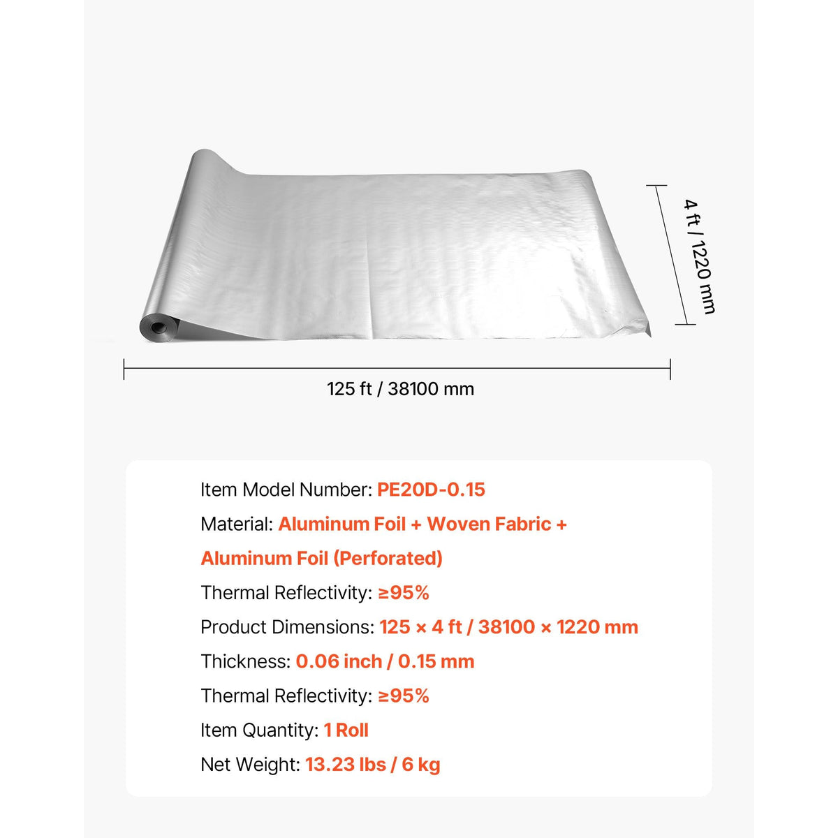 Double Reflective Insulation Roll, Perforated Woven Fabric Radiant Barrier, 0.15mm 48 in x 125 ft, Double-Sided Aluminum Foil Heat Reflective Shield, Thermal Insulation Roll for Window RV Roof