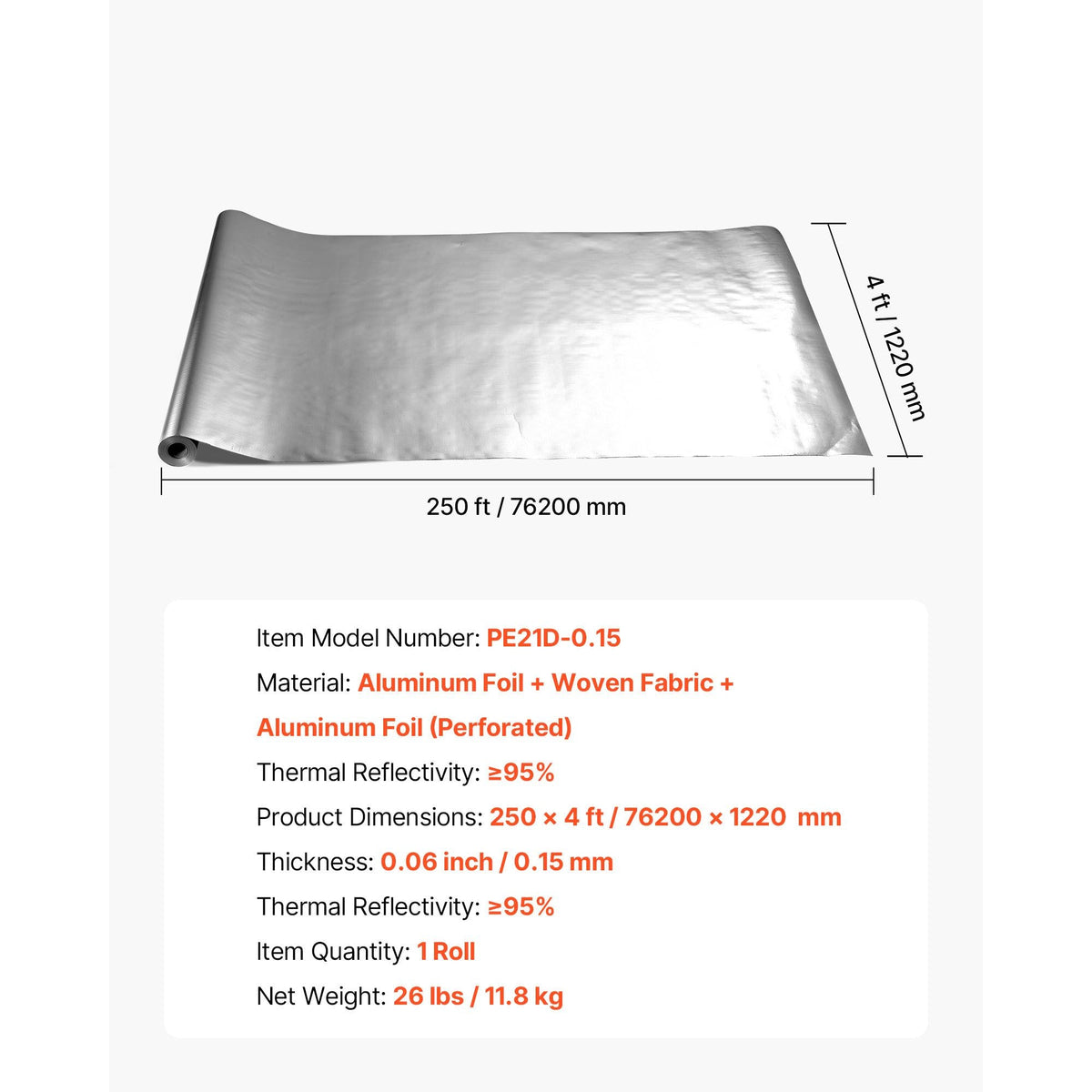 Double Reflective Insulation Roll, Perforated Woven Fabric Radiant Barrier, 0.15mm 48 in x 250 ft, Double-Sided Aluminum Foil Heat Reflective Shield, Thermal Insulation Roll for Window RV Roof