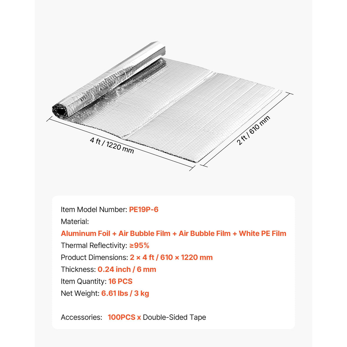 Double Reflective Insulation Sheet, 16PCS Double-Sided Aluminum Foil Radiant Barrier, 6mm 24 in x 4 ft, Dual-Layer Air Bubble Heat Reflective Shield, Thermal Insulation Rolls