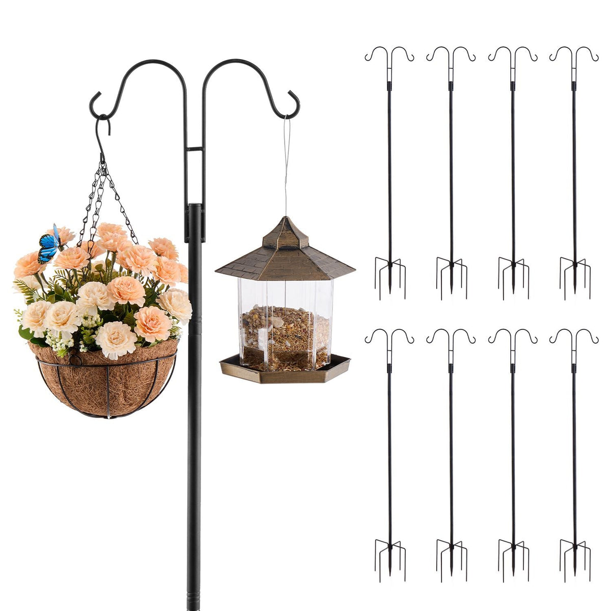 Double Shepherds Hooks for Outdoor, 8 Pack 60 Inch Heavy Duty Bird Feeder Pole, 3/4 Inch Thick Garden Hooks for Hanging Hummingbird Feeder, Plant Baskets, Solar Light Lanterns,Wind Chimes
