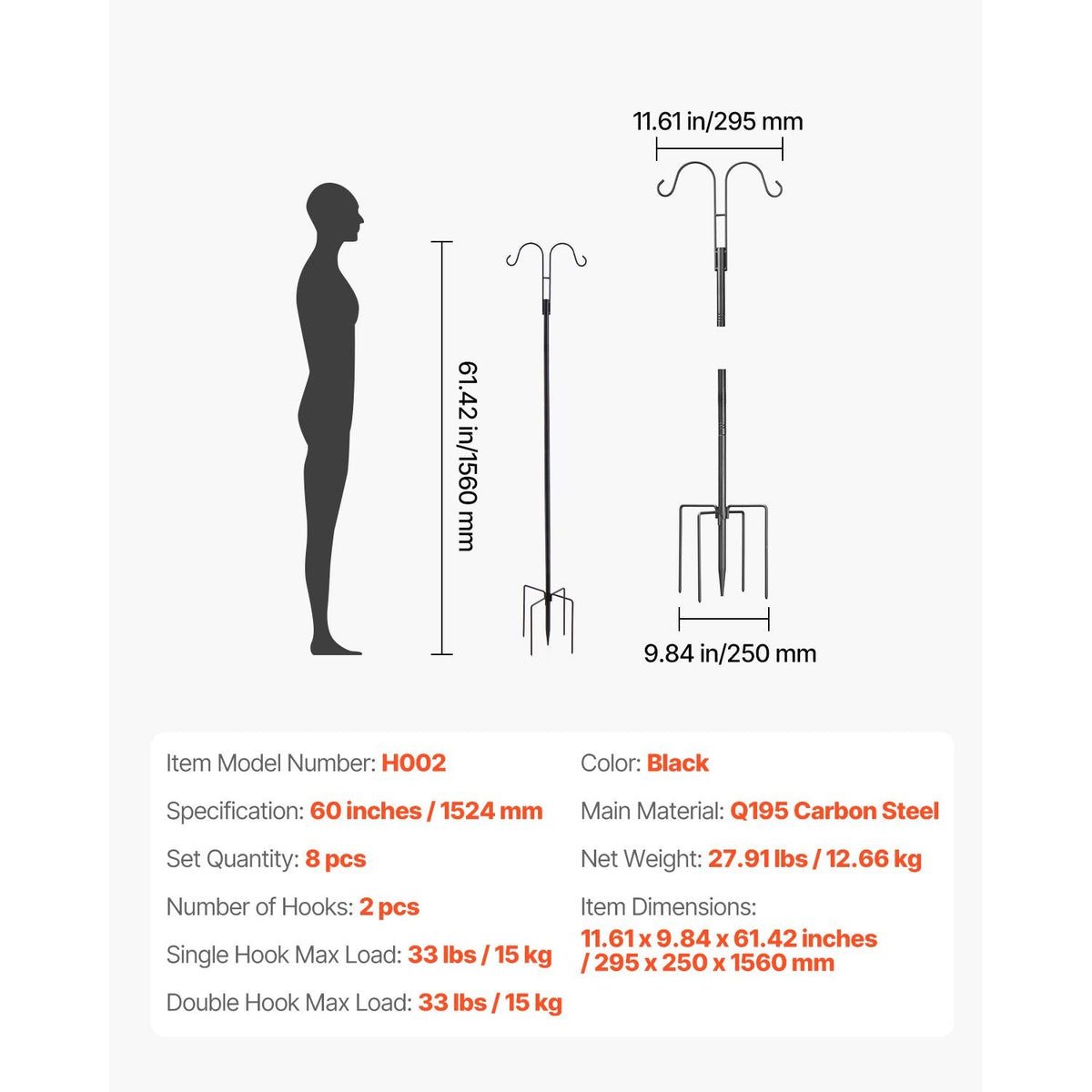 Double Shepherds Hooks for Outdoor, 8 Pack 60 Inch Heavy Duty Bird Feeder Pole, 3/4 Inch Thick Garden Hooks for Hanging Hummingbird Feeder, Plant Baskets, Solar Light Lanterns,Wind Chimes