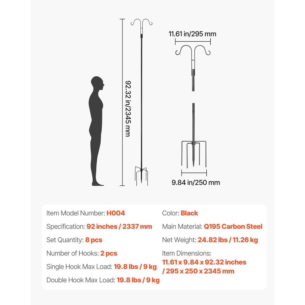 Double Shepherds Hooks for Outdoor, 8 Pack 92 Inch Heavy Duty Bird Feeder Pole, 3/4 Inch Thick Garden Hooks for Hanging Hummingbird Feeder, Plant Baskets, Solar Light Lanterns,Wind Chimes