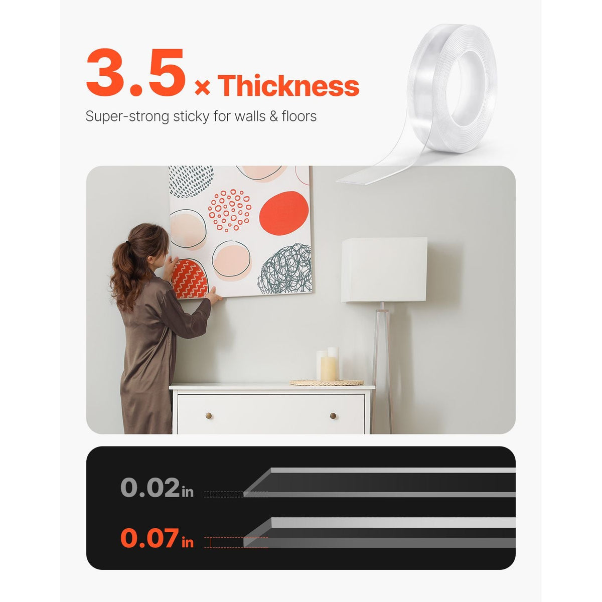 Double Sided Tape Heavy Duty, 16 ft Long Nano Mounting Tape, Strong Adhesive & Reusable, Clear Two Sided Wall Tape, Removable Poster Picture Hanging Strips for Home, Office, Car, Outdoor Use