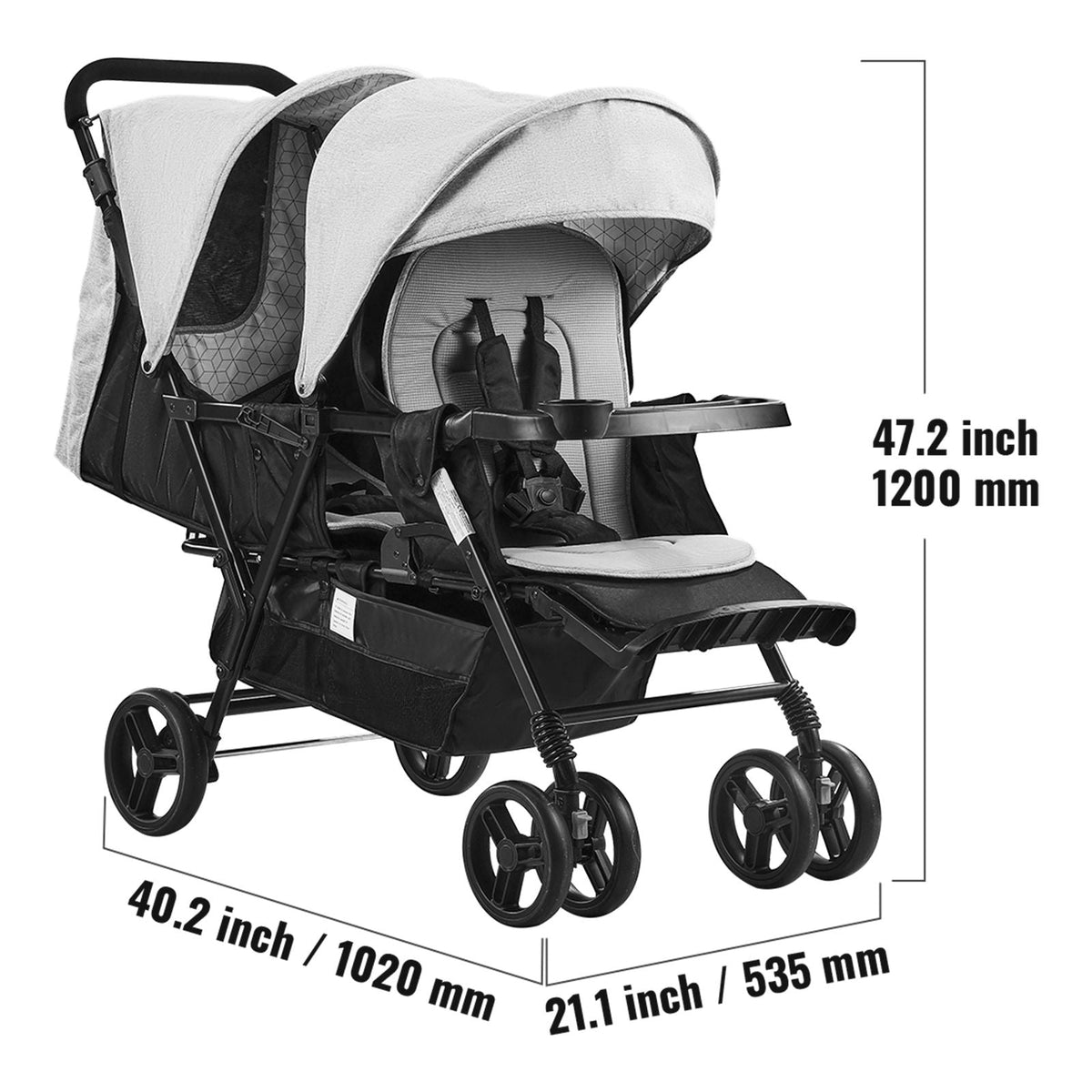 Double Stroller, Foldable Lightweight Twin Stroller with Tandem Seating, Adjustable Backrest/Footrest, Wrap-Around Safety Harness,Storage Basket & Tray,for Newborn & Toddler (Light Gray,Black)