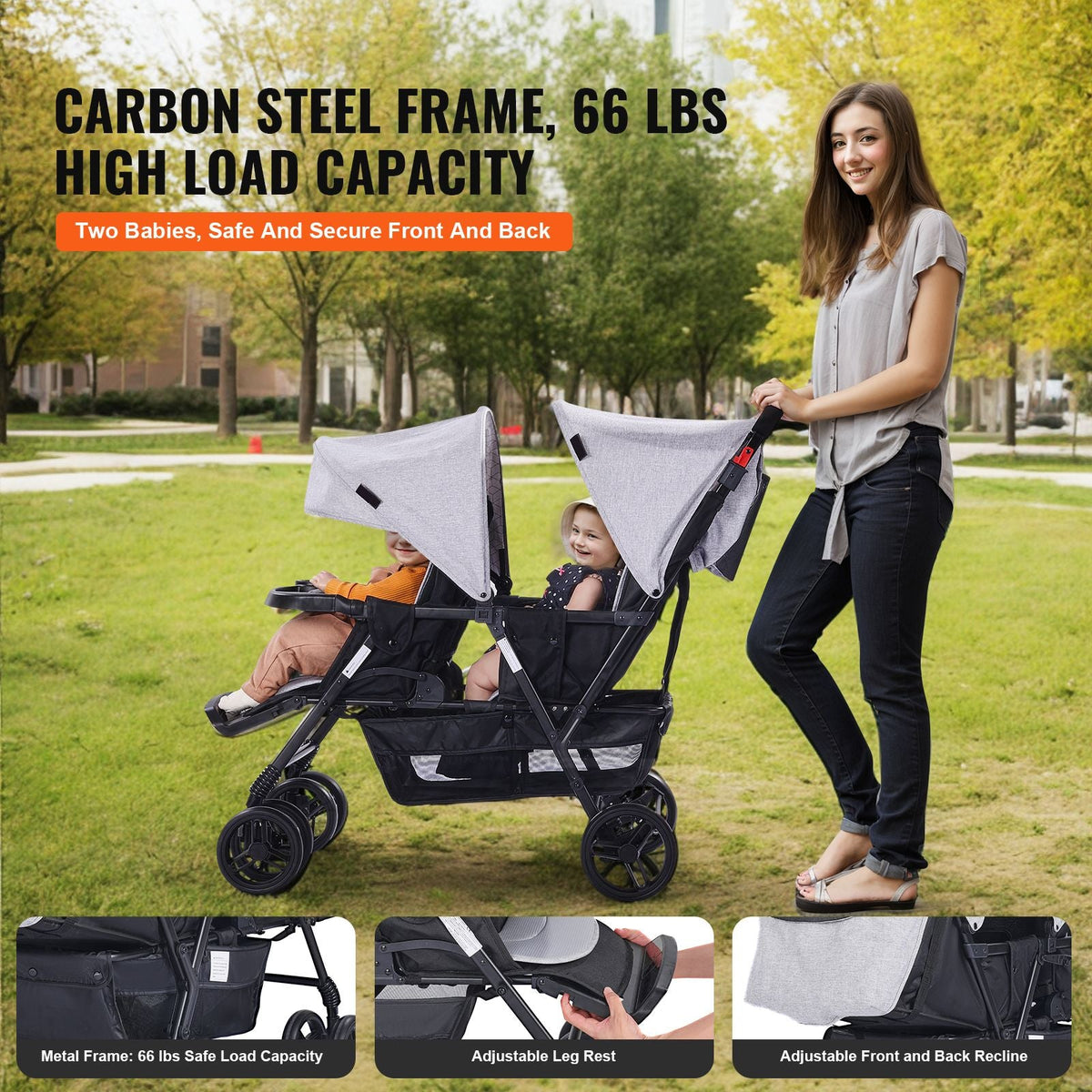 Double Stroller, Foldable Lightweight Twin Stroller with Tandem Seating, Adjustable Backrest/Footrest, Wrap-Around Safety Harness,Storage Basket & Tray,for Newborn & Toddler (Light Gray,Black)