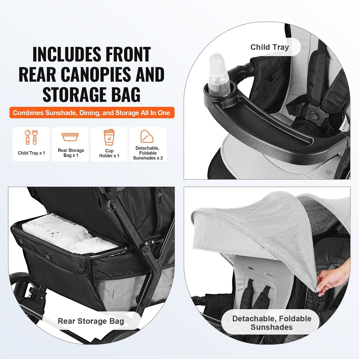 Double Stroller, Foldable Lightweight Twin Stroller with Tandem Seating, Adjustable Backrest/Footrest, Wrap-Around Safety Harness,Storage Basket & Tray,for Newborn & Toddler (Light Gray,Black)