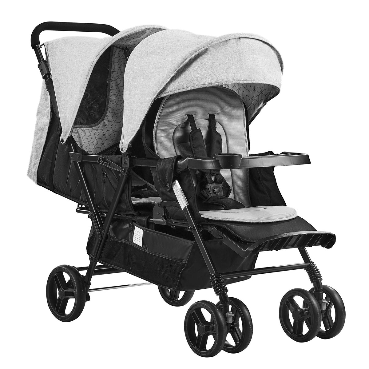 Double Stroller, Foldable Lightweight Twin Stroller with Tandem Seating, Adjustable Backrest/Footrest, Wrap-Around Safety Harness,Storage Basket & Tray,for Newborn & Toddler (Light Gray,Black)