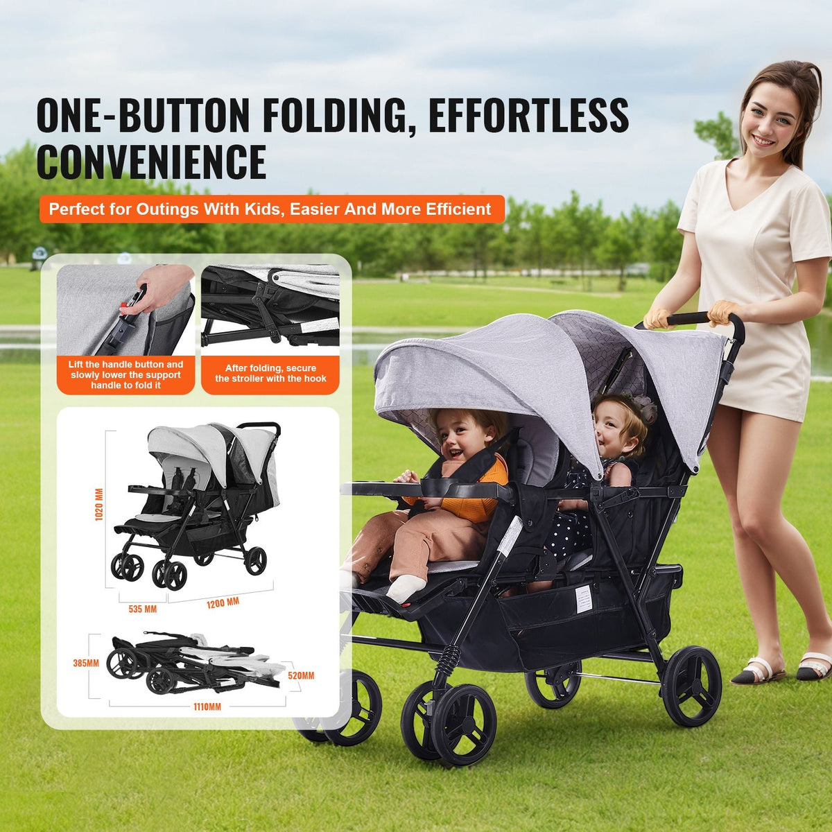 Double Stroller, Foldable Lightweight Twin Stroller with Tandem Seating, Adjustable Backrest/Footrest, Wrap-Around Safety Harness,Storage Basket & Tray,for Newborn & Toddler (Light Gray,Black)