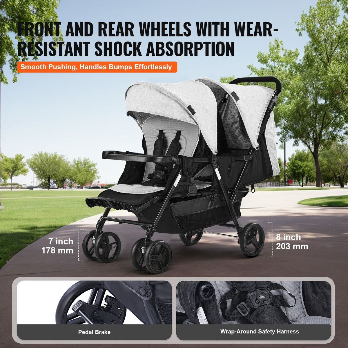 Double Stroller, Foldable Lightweight Twin Stroller with Tandem Seating, Adjustable Backrest/Footrest, Wrap-Around Safety Harness,Storage Basket & Tray,for Newborn & Toddler (Light Gray,Black)