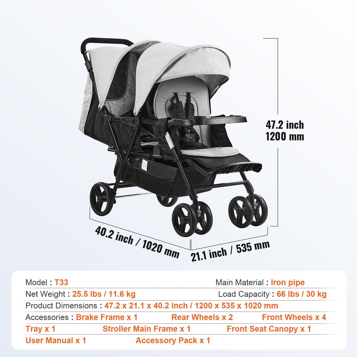 Double Stroller, Foldable Lightweight Twin Stroller with Tandem Seating, Adjustable Backrest/Footrest, Wrap-Around Safety Harness,Storage Basket & Tray,for Newborn & Toddler (Light Gray,Black)