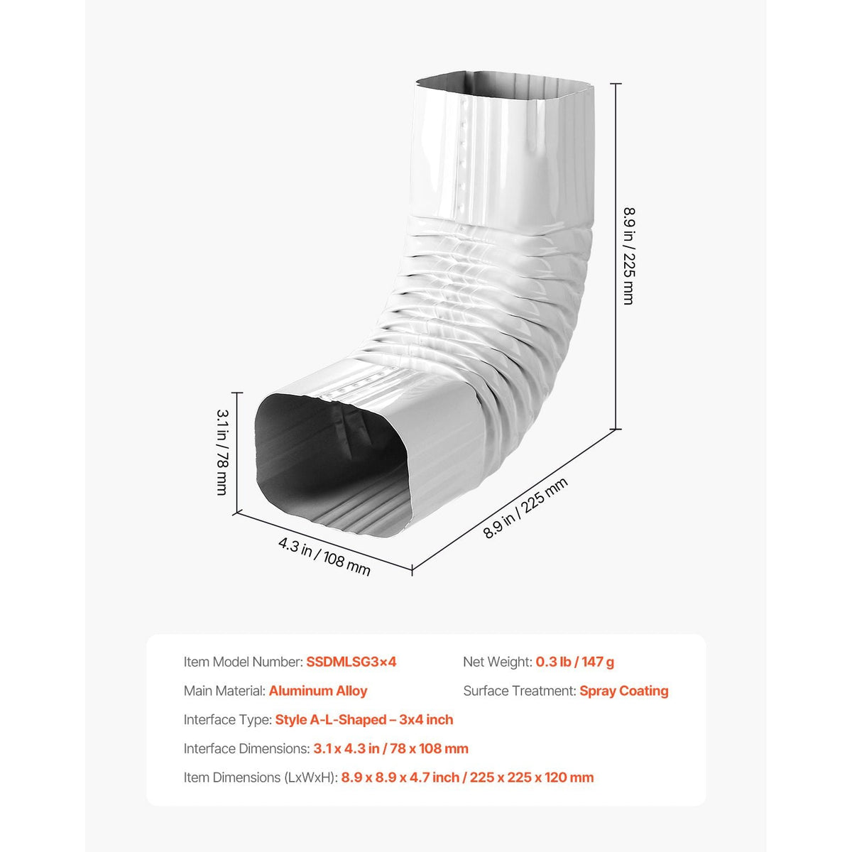 Downspout Gutter Elbow, fits 3x4 Inch Style A L-Shaped, Interface Size 3.1x4.3 in / 78x108 mm, Aluminum Alloy 90 Degree Gutter Elbow, for Residential, Commercial Building, Industrial Warehouse